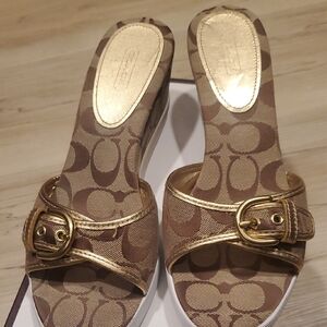 Coach Women's Gold and Brown Patterned Mules